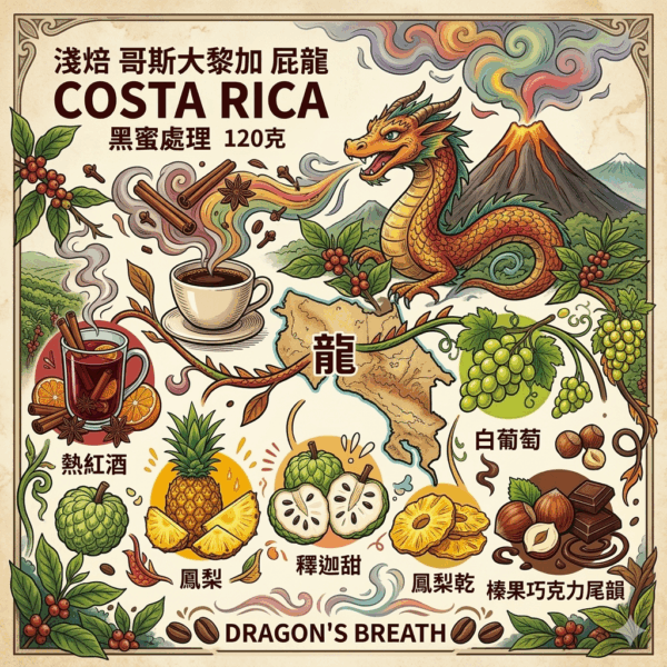 淺焙 哥斯大黎加  屁龍 黑蜜 120克 Flavor:熱紅酒 鳳梨 釋迦甜 白葡萄 鳳梨乾 榛果巧克力尾韻