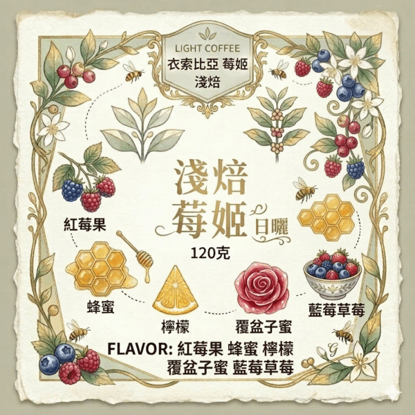 淺焙 衣索比亞 南西寶 莓姬 日曬 120克 FLAVOR：楓糖甜香 蜜漬橙片 香片 紅莓 百香綠尾韻