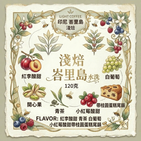 淺焙 印尼 峇里島 峇峇 水洗 120克 FLAVOR：紅李酸甜 開心果 青茶 白葡萄 小紅莓酸甜帶桂圓蛋糕尾韻