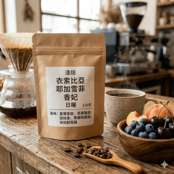 淺焙 衣索比亞 耶加雪菲 香妃 日曬 120克 FLAVOR：藍莓香甜帶芭蕉酸甜 甜桃香 黑櫻桃酸甜 核桃酥尾韻