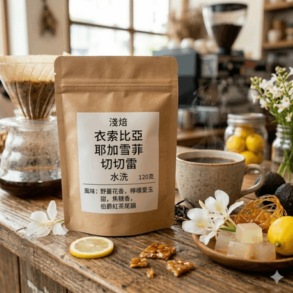 淺焙 衣索比亞 耶加雪啡 切切雷 水洗 120克 FLAVOR： 野薑花香 檸檬愛玉甜 焦糖香 伯爵紅茶尾韻