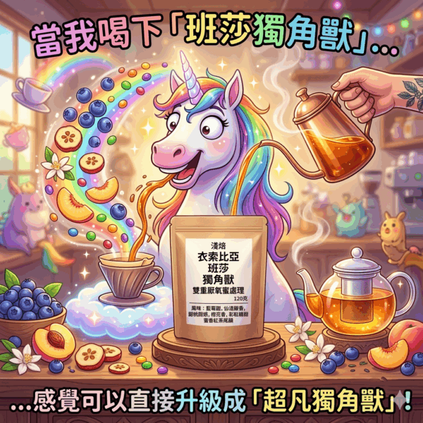 淺焙 衣索比亞 班莎 獨角獸 雙重厭氧蜜處理 120克 FLAVOR：藍莓甜 仙渣酸香 甜桃甜感 橙花香 彩虹糖甜 蜜香紅茶尾韻