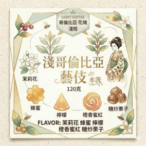 淺 哥倫比亞 花境 藝伎 水洗 120克 FLAVOR:茉莉花 蜂蜜 檸檬 橙香蜜紅 糖炒栗子