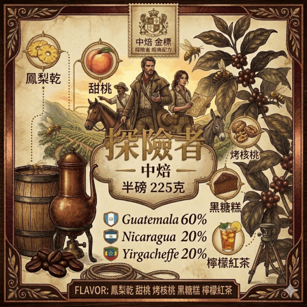 中焙 BLEND  金標 探險者 半磅 225克 FLAVOR: 鳳梨乾 甜桃 烤核桃 黑糖糕 檸檬紅茶