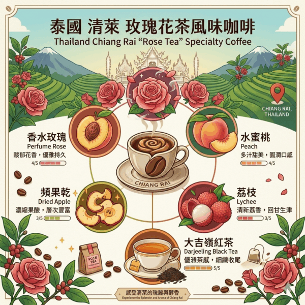 淺焙 泰國 清萊 玫瑰 雙厭氧蜜處理 120克 FLAVOR:香水玫瑰 水蜜桃香 蘋果乾 荔枝酸甜 大吉嶺紅茶尾韻