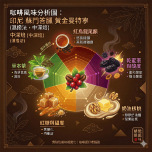 中深焙 印尼 蘇門答臘 黃金曼特寧 溼撥 120克 FLAVOR:黑棗酸香 帶奶油核桃 白糖甜 青草茶 連接紅烏龍尾韻