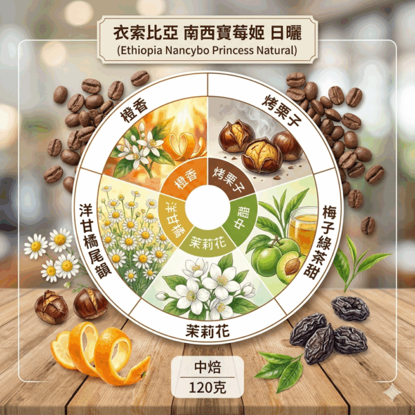 中焙 衣索比亞 南西寶莓姬 日曬 120克 FLAVOR:橙香 烤栗子 梅子綠茶甜 茉莉花 洋甘橘尾韻