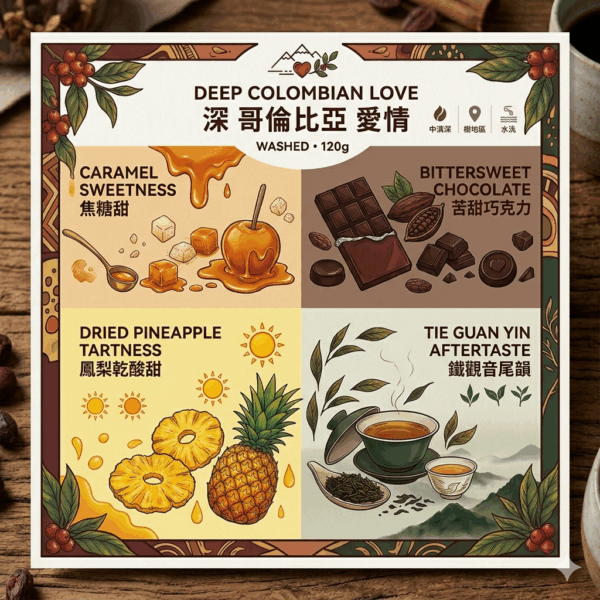 深 哥倫比亞 愛情 水洗 120克 FLAVOR:焦糖甜 苦甜巧克力 鳳梨乾酸甜 鐵觀音尾韻