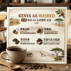 中深 肯亞 AA 日式慢烘 水洗 120克 FLAVOR: 煙薰話梅 黑糖甜 普洱茶香 苦甜巧克力尾韻