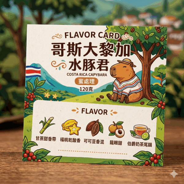 深 哥斯大黎加 水豚君 蜜處理 120克 FLAVOR: 甘蔗甜香帶 楊桃乾酸香 可可豆香混 龍眼甜 伯爵奶茶尾韻