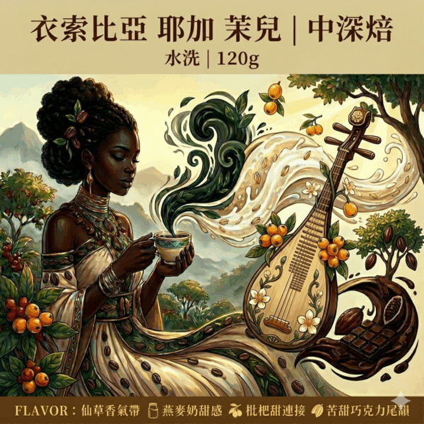 中深焙 衣索比亞 耶加 茉兒 水洗 120克 FLAVOR： 仙草香氣帶 燕麥奶甜感 枇杷甜連接 苦甜巧克力尾韻
