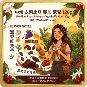 中焙 衣索比亞 耶加 茉兒 水洗 120克 FLAVOR： 蜜香紅茶帶 葡萄乾甜 黑糖甜 小紅莓 黑巧克力尾韻