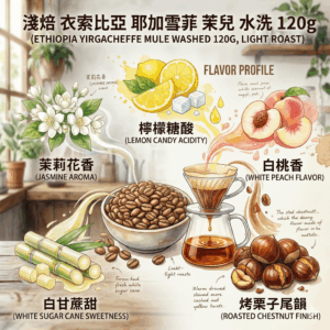 淺焙 衣索比亞 耶加 茉兒 水洗 120克 FLAVOR： 檸檬糖酸 茉莉花香 白桃香 白甘蔗甜連接 烤栗子尾韻