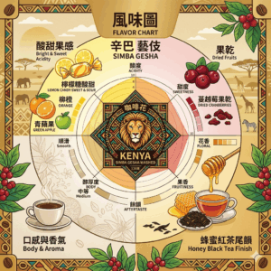 淺焙 肯亞 辛巴 藝伎 水洗 120克 FLAVOR：檸檬糖酸甜 柳橙 青蘋果 蔓越莓果乾 蜂蜜紅茶尾韻