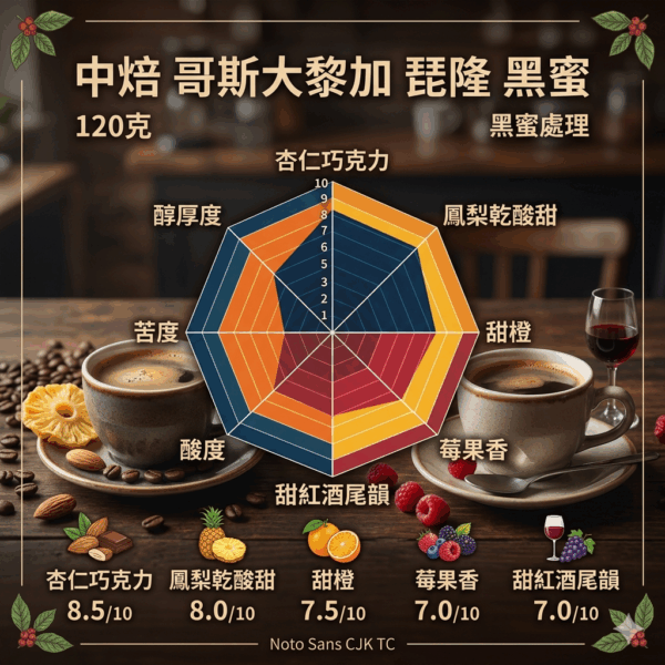 中焙 哥斯大黎加 琵隆 黑蜜 120克 FLAVOR: 杏仁巧克力 鳳梨乾酸甜 甜橙 莓果香 甜紅酒尾韻