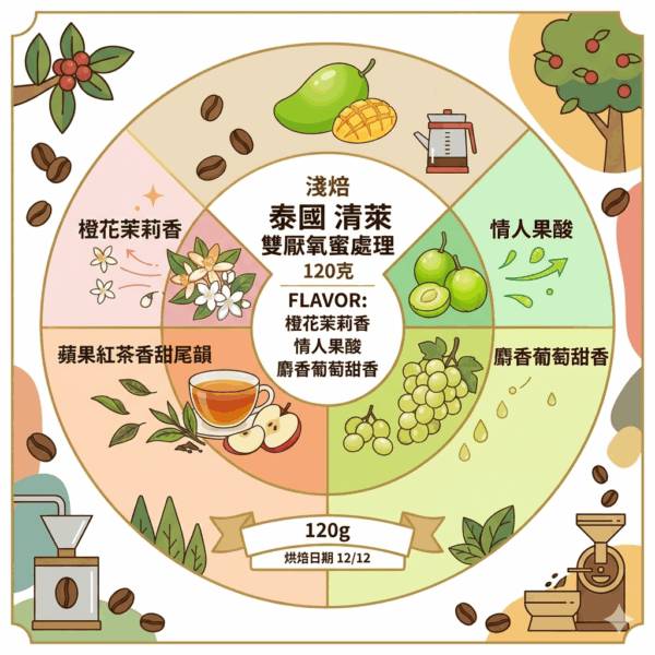 淺焙 泰國 清萊 橙花 雙厭氧蜜處理 120克 FLAVOR: 橙花茉莉香 情人果酸 麝香葡萄甜香 蘋果紅茶香甜尾韻