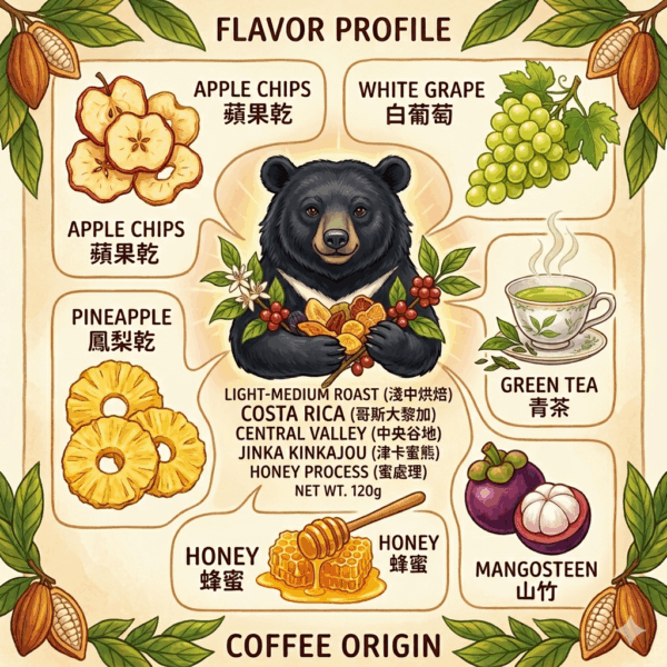淺中 哥斯大黎加 中央谷地 津卡蜜熊 蜜處理 120克 FLAVOR: 蘋果乾 白葡萄 青茶 山竹 鳳梨乾 蜂蜜