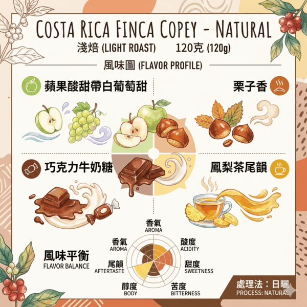 淺焙 哥斯大黎加 科佩莊園 日曬 120克 Flavor:蘋果酸甜帶白葡萄甜 栗子香 巧克力牛奶糖 鳳梨茶尾韻