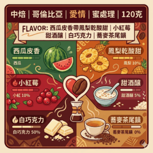 中焙 哥倫比亞 愛情 蜜處理 120克 FLAVOR:西瓜皮香帶鳳梨乾酸甜 小紅莓 甜酒釀 白巧克力 蕎麥茶尾韻