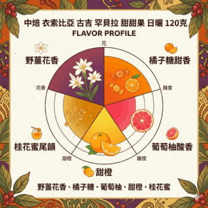 中焙 衣索比亞 古吉 罕貝拉 甜甜果 日曬 120克 FLAVOR: 野薑花香帶橘子糖甜香 葡萄柚酸香 甜橙 桂花蜜尾韻