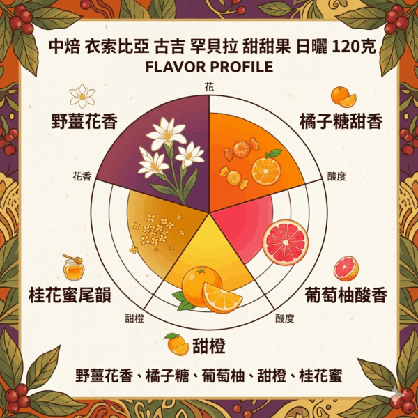 中焙 衣索比亞 古吉 罕貝拉 甜甜果 日曬 120克 FLAVOR: 野薑花香帶橘子糖甜香 葡萄柚酸香 甜橙 桂花蜜尾韻
