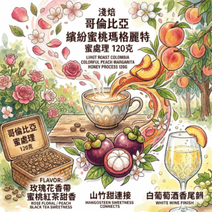 淺焙 哥倫比亞 繽紛蜜桃 瑪格麗特 蜜處理 120克 FLAVOR： 玫瑰花香帶 蜜桃紅茶甜香 山竹甜連接 白葡萄酒香尾韻