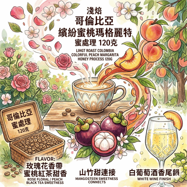 淺焙 哥倫比亞 繽紛蜜桃 瑪格麗特 蜜處理 120克 FLAVOR： 玫瑰花香帶 蜜桃紅茶甜香 山竹甜連接 白葡萄酒香尾韻