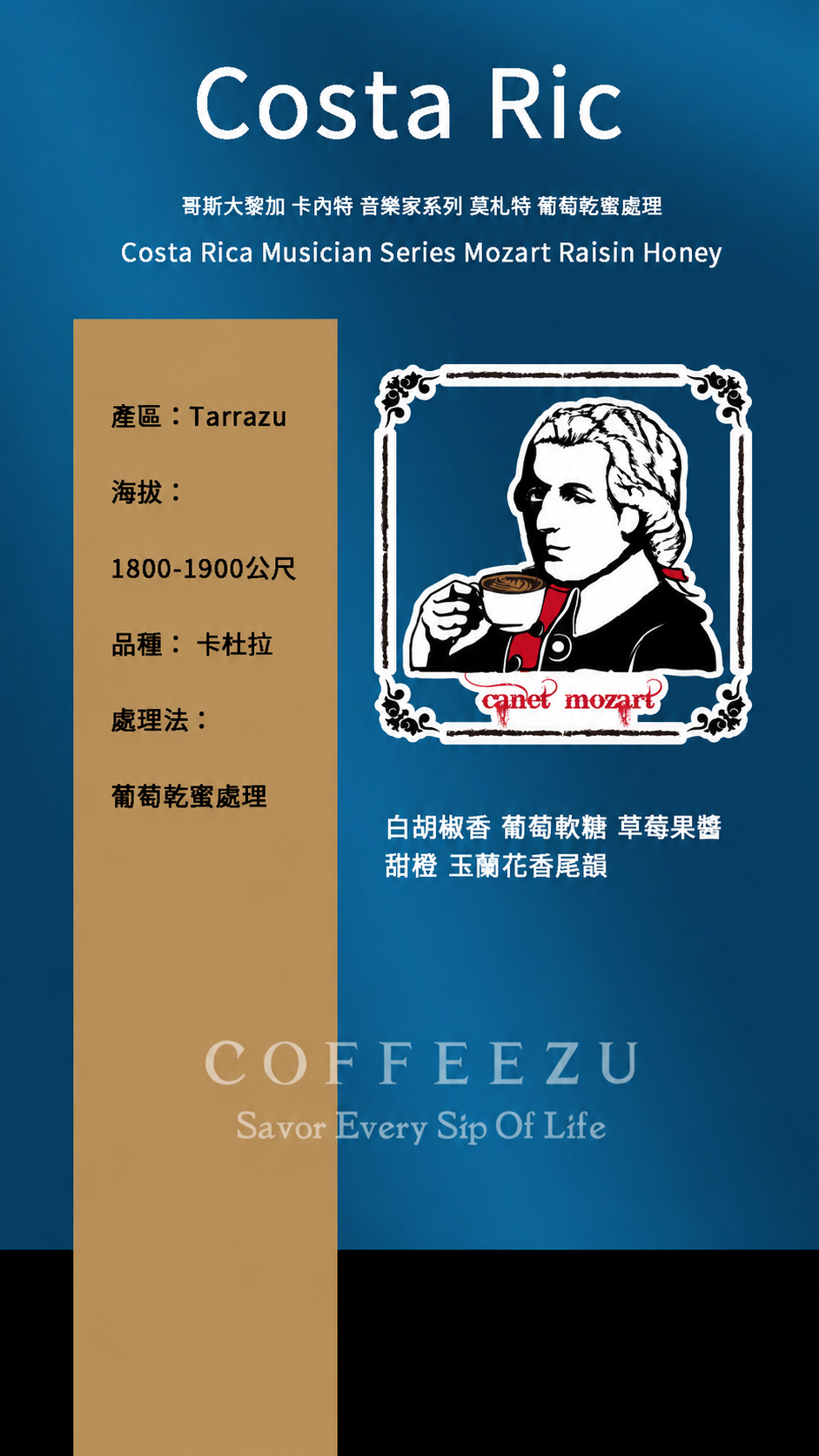 淺焙 哥斯大黎加 莫札特 葡萄乾蜜處理 120克 Flavor:白胡椒香 葡萄軟糖 草莓果醬香氣 甜橙 玉蘭花尾韻
